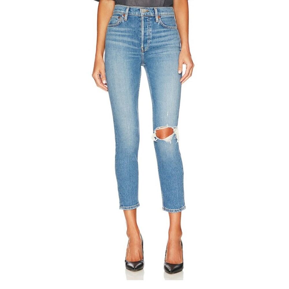 ReDone 90's High Rise Ankle Crop Jeans in Worn Brook Blue Light Wash Denim